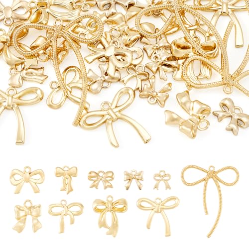 Beadthoven 40Pcs Bowknot Charms Christmas Pendants 10 Styles Golden Plating Alloy Bow Dangle Charms Mini Cute Holiday Pendants for Jewelry Making Earrings Bracelet Necklace DIY Crafts Supplies Ornaments