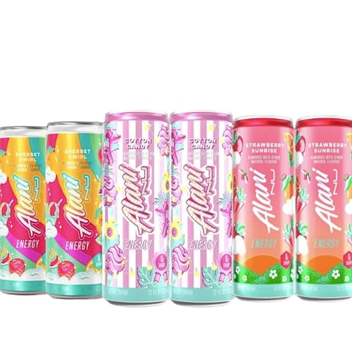 New Alani Energy Drinks Cotton Candy, Sherbet Swirl, Strawberry Sunrise Variety Pack Sugar-Free, Low-Calorie, 200mg Caffeine, Energy Boost Drink 12 fl oz (Pack of 6) (Packaging May Vary)