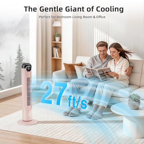 Image of Antarctic Star Tower Fan, 35 Inch DC Motor Bladeless Oscillating Fan with Remote, 6 Speeds & 4 Modes, LED Display, 9H Timer, Quiet Floor Standing Fan for Bedroom Living Room Office, Pink