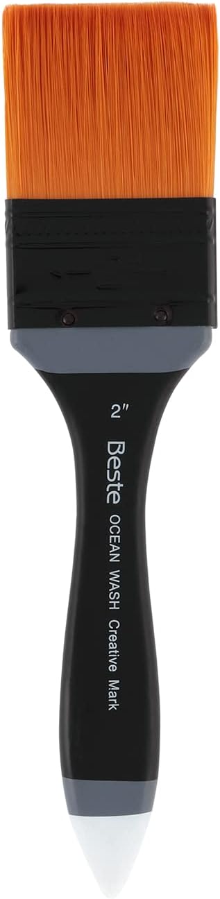 Creative Mark Beste Golden Taklon Ocean Wash, 2" Artist Paint Brush, Professional Watercolor Brushes, for Acrylic Painting, Short Handle, Sharp Edges, Hand-Tied & Shaped