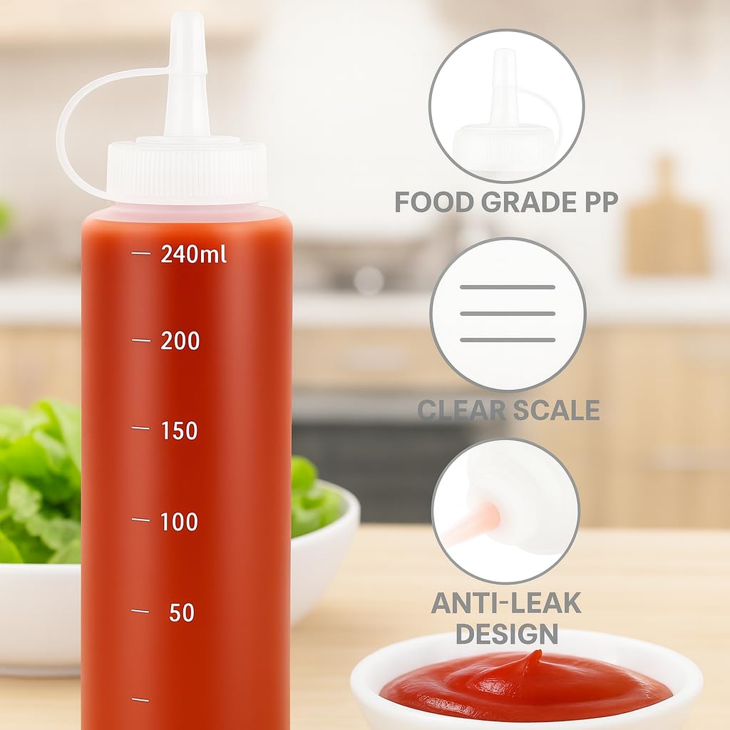 Flacone Dosatore 240ml Set 6 Pezzi Senza BPA Bianco – Flaconi Spremi Cucina Anti-Perdita, Bottiglia Salse Ketchup Senape Olio Oliva Salse Piccanti, Flacone per Pittura Decorazione Torte