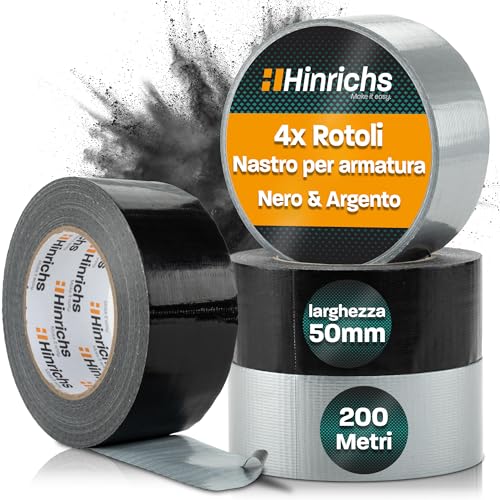 Hinrichs Nastro Adesivo Telato Pesante 4 Rotoli Argento 50m x 50mm – Nastro Gaffer Extra Forte Impermeabile per Uso Interno ed Esterno – Alternativa a Duct Tape, Nastro Americano e Gaffer Tape