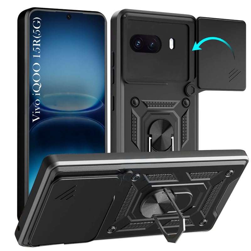 Image of Casodon Shockproof Back Case Cover for iQoo 15R 5G, Shockproof iQoo 15R Back Cover, Ring Case with Kickstand and Camera Protection Shutter - Black