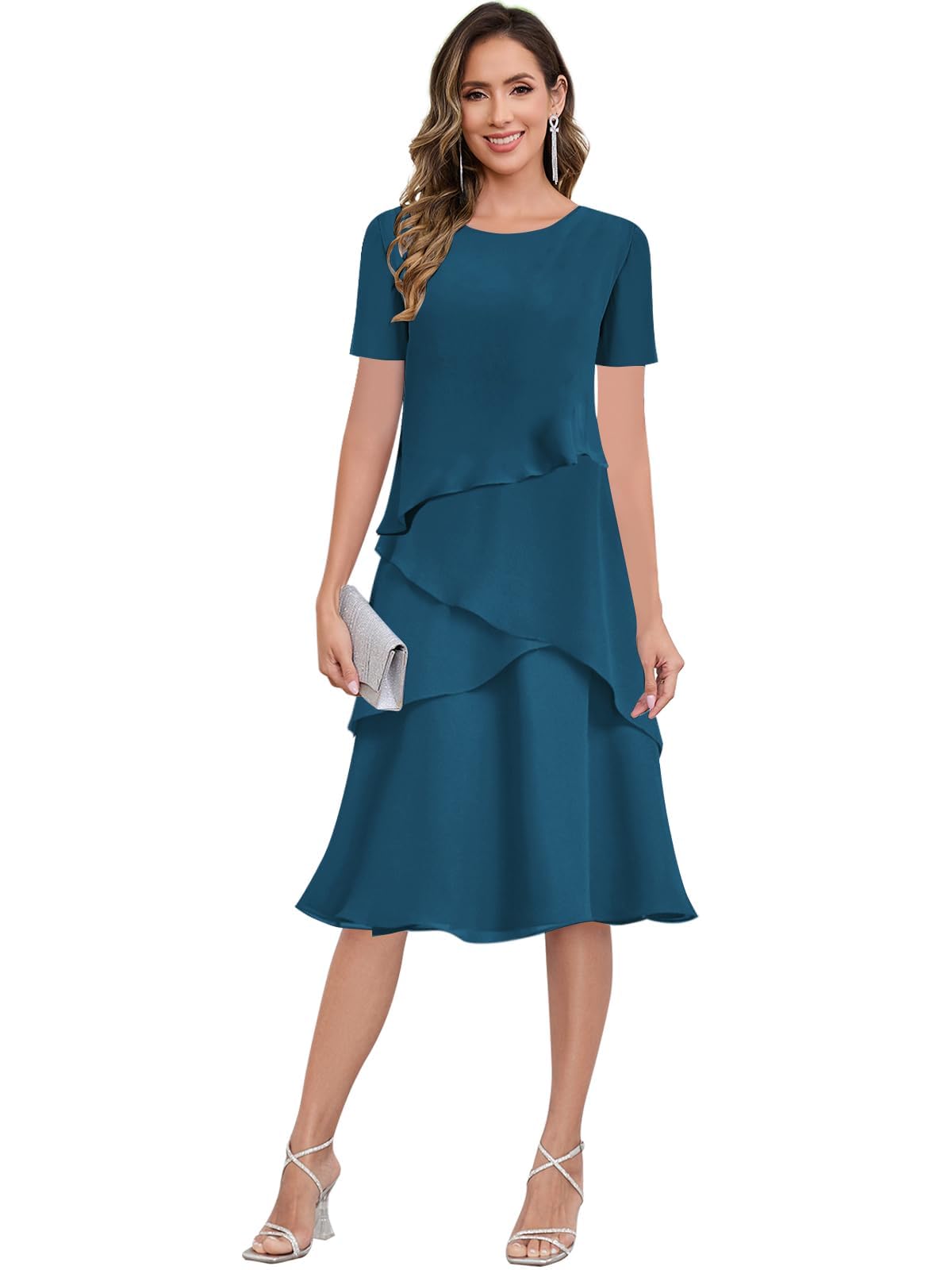 JAEDEN Damen Brautmutterkleider Lang Chiffon Formal Hochzeitsgast Kleid mit Ärmel Knielang