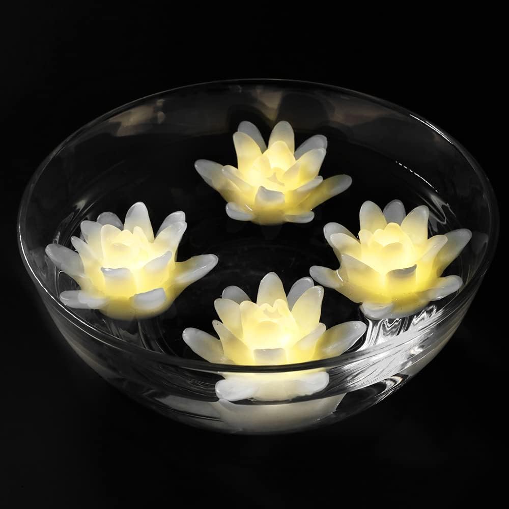 Acmee (Pack of 4) 3 Inch Flameless Wax LED Water Floating Candle Light Battery Operated LED Floating Flower Candle LED Floating Candles for Wedding or Event Pool or Bathtub Decoration.(Warm White)