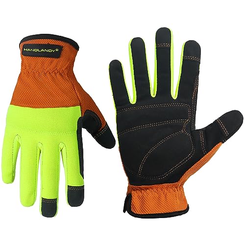HANDLANDY Work Gloves for Men & Women, Utility Mechanic Working Gloves Touch Screen, Flexible Yard Work Gloves Yellow-orange X-Large (Pack of 1)