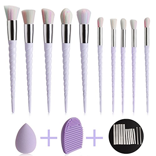 KDKD Unicorn Makeup Brush 10 Pcs Set Pink Face Cosmetic Tools with Sponge Cleaner Mesh Protector