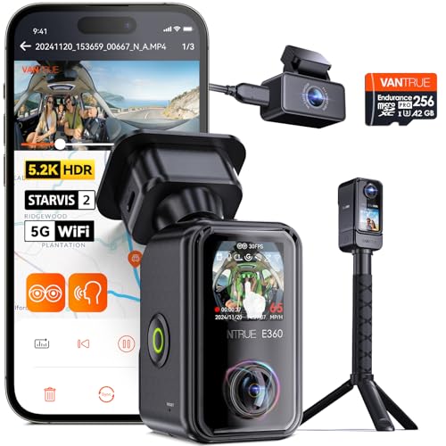Image of [ Bundle-2 Items: Vantrue E360 ACE & 256GB SD Card] All Channel Dash Cam, Fisheye Front + Fisheye Inside + Rear Dashcam with Selfie Stick Tripod, Dual STARVIS 2, Dual IR Night Vision, Support 1TB