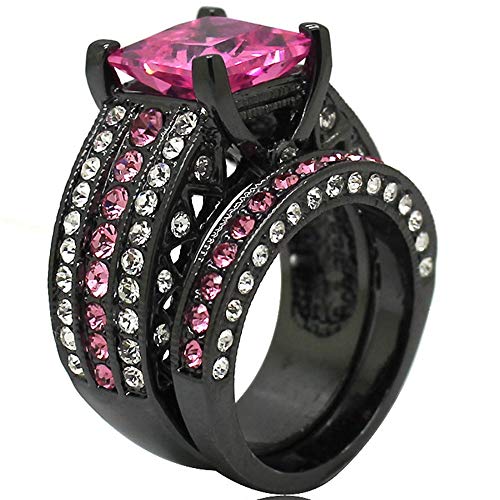 Jude Jewelers Black Pink Stone Princess Cut Three-in-One Bridal Wedding Ring Set (Black, 7)