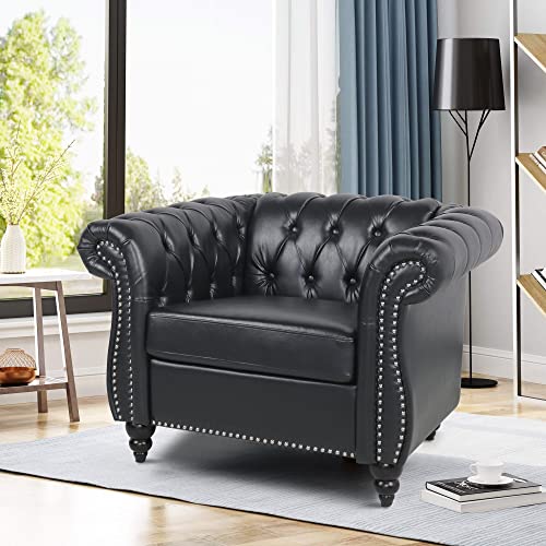 Image of LEVNARY Leather Upholstered Armchair, Mid-Century Modern Single Sofa Chair with Rolled Arms and Nailhead, Tufted Pu Leather Chesterfield Chair for Home Bedroom Reading Room (Black)