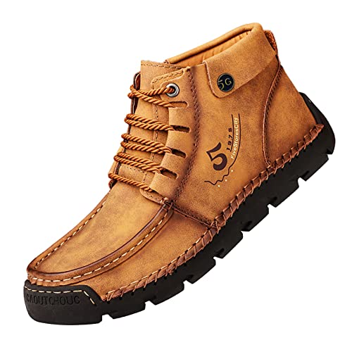 Mens PU Ankle Chukka Boots Casual Shoes Loafers Flat Shoes Vintage Stitching Comfort Soft Breathable Lace-up Lightweight Fashionable Flats Shoes