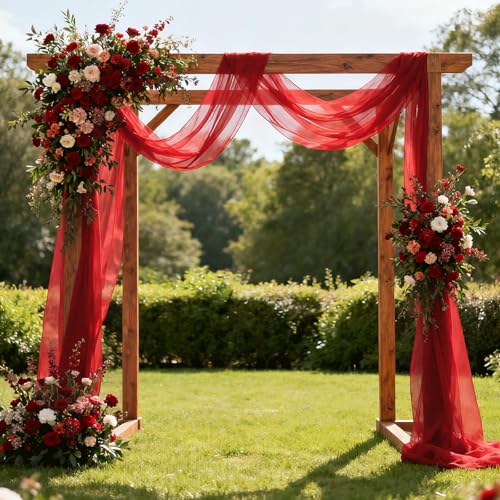 Jevix Wedding Arch Draping Fabric 29 x 18 FT Red Sheer Chiffon Outdoor Curtain Drapes for Wedding Birthday Party Ceremony Decor(1 Panel Red)