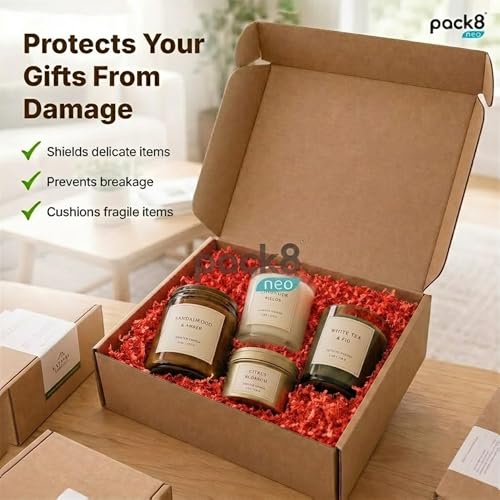 Image of Pack8neo Shredded Paper Cutting For Giftpacking, Hampers, Gift Baskets & Boxes, 5kg | Sustainable grass paper, Crinkle Cut filler, Gift Packaging Protection & Recyclable decoration material, Red