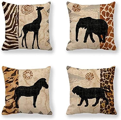 Venus*L Set of 4,African Animals,Giraffe,Elephant,Horse,Leopard with Zebra Pattern & Leopard Pattern Decorative Throw Pillow Covers,One-Side Printed,Cotton Linen,18x18 Inch(45x45cm)