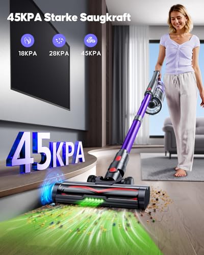 Akku Staubsauger 600W/45kPa/60Min, Staubsauger Kabellos mit Aromatherapie, HD-Display, 1,8L-Staubbehälter, Anti-Tangle-Bürste, Staubsauger grünem LED-Licht Bürste für Tierhaare Teppiche Hartböden 2