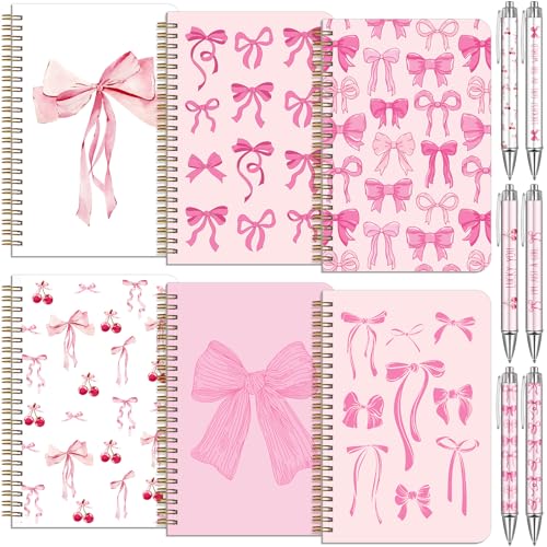 Image of Resurhang 6 Pack Bow Spiral Notebooks 5.8 x 8.3 Inches | Coquette Bow with Bow Pens, Ruled for School Office, Coquette Preppy Aesthetic Back to School Supplies for Girls