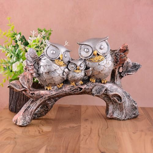 Image of Owl Family Sitting on Tree Decorative Bird Showpieces Statue for Home Decor Living Room Bedroom Wall Shelf Table Top Garden Decoration Items -1