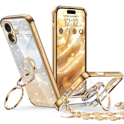 XYZ for iPhone 16 Plus Back Cover Case with Stand, Phone Case with Double Ring Kickstand, Women Girls Cute Love-Heart Bling Protective Case Heart for iPhone 16 Plus, Gold Deal