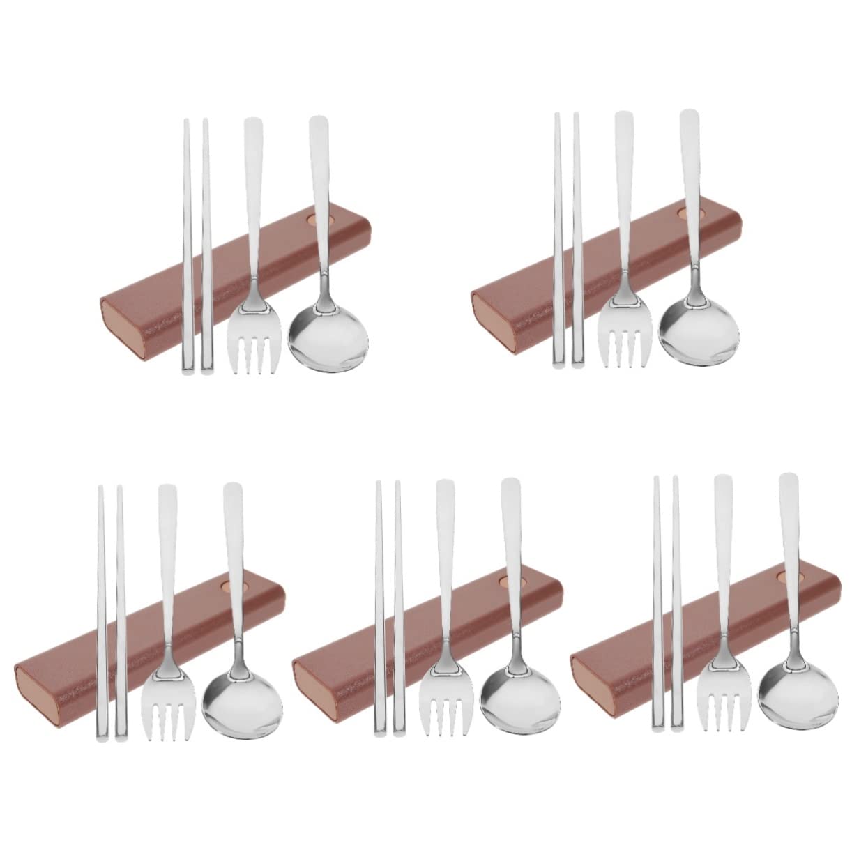 Support de baguettes 5 ensembles fourchette cuillère baguettes cuillère en acier inoxydable couverts de voyage ustensiles de service ensemble d'ustensiles réutilisables en acier inoxydable avec étui