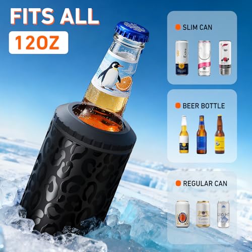 Image of 3 in 1 Slim Can Cooler for 12 OZ Skinny Can, Regular Can & Beer Bottle - Keep Cold for 6 Hours - Double Walled Insulated Stainless Steel Vacuum Beverage Can Insulator (Black Leopard)