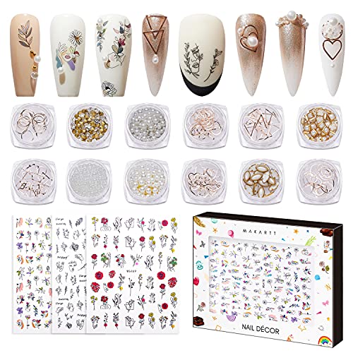 Makartt Nail Decoration Set, Parisian Chic-ism 12 Boxes Nail Jewels Nail Crystal and Rhinestones Nail Charms with 3 Sheets Nail Prints Stickers Nail Foil Flower Shape Nail Decals for Nail Art Design