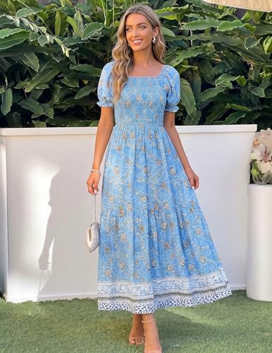 Image of ZESICA Women's 2026 Summer Boho Floral Print Dress Square Neck Ruffle Swing Beach Vacation Long Maxi Dresses