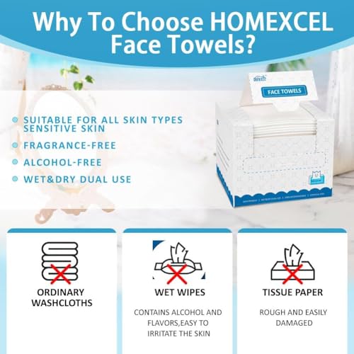 HOMEXCEL Face Towels, 200 Count (4 Box) Disposable Face Towelettes, Biodegradable Makeup Remover Dry Wipes, Super Soft Clean Facial Towels Wash Cloth for Sensitive Skin