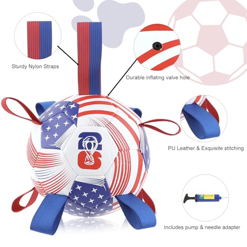 Image of Dog Toys Balls, Dog Soccer Ball with Straps, Dog Birthday Gifts, Durable Balls for Small Medium Pet, Puppy Outdoor Toy, Pet Training Soccer Ball, 2026 World Cup Soccer (6 Inch)