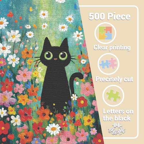 Puzzles Cute Black Cat para adultos 500 piezas. Puzzles de rompecabezas de naturaleza con flores coloridas. Rompecabezas artísticos desafiantes de flores, animales y plantas miniatura 4