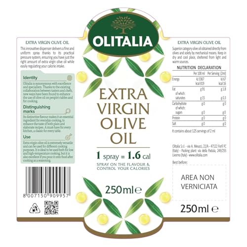 Image of Olitalia Extra Virgin Olive Oil Spray • EVOO Spray • Controlled Mist for Low Oil Cooking • Ideal for Air Fryer, Salad, Grilling & Baking, 8.45 fl oz ℮ 250 ml