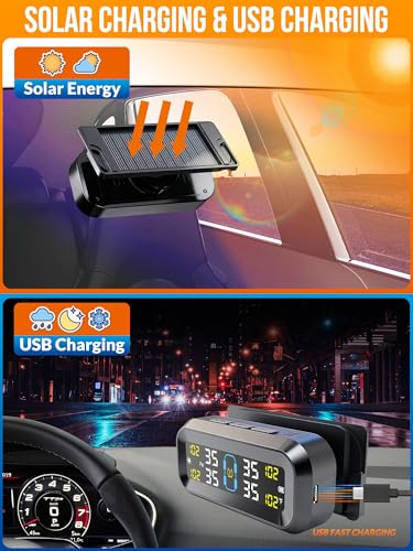 Tire Pressure Monitoring System with Solar & USB Charger-TPMS with 4 External Sensors & 6 Alarm Modes, LCD Display Screen, Real-Time Pressure & Temperature Monitor for Sedan/SUV/MPV/RV/Trailer 0-99PSI - Image 4