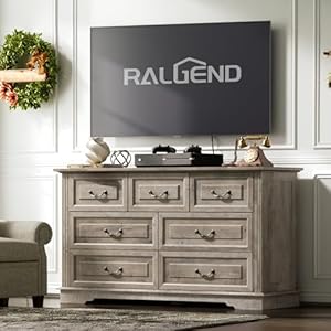 7 drawer dresser for bedroom wooden vintage chest of drawers 54 long drawer dresser with charging station farmhouse storage dresser for bedroom living room hallway greige  urban country home decor