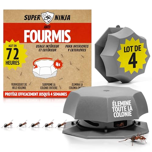 Super Ninja Pièges Anti Fourmis – Lot de 4, Anti Fourmis Maison d’Intérieur - Boîtes Appât Liquide Prêt à l’Emploi, Élimine la Reine et la...