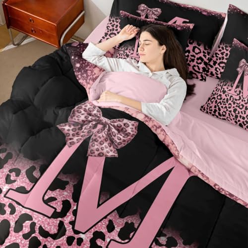 Image of Feelyou Bow Initial Letter M Full Comforter Set with Sheets for Kids Boys Girls Glitter Leopard Print 7 Pieces Bedding Set Girly Bow Bed in a Bag Room Decor Soft Lightweight Microfiber