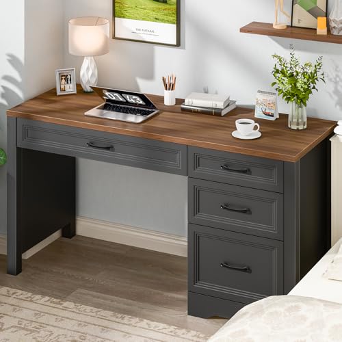 Image of Vabches Farmhouse Executive Desk with Storage and Ample File Drawer, Rustic Large Home Writing Desk for Bedroom, Dark Brown