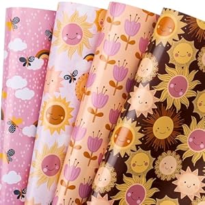 RUSPEPA Wrapping Paper Sheets – Sun, Rainbow and Flower Design Perfect for Birthday, Baby Shower, Holiday Any Occasion – 12 Folded Sheets – 19.68 X 27.5 Inch