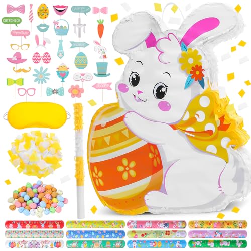Guiqulai 96pcs Easter Bunny Pi&ntilde;ata Set Easter Pi&ntilde;ata with Blindfold Hitting Stick...