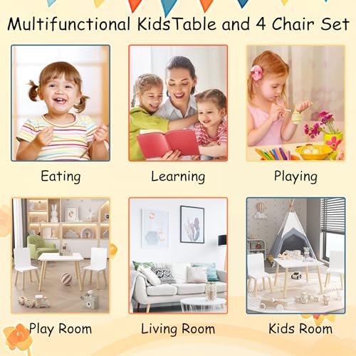 Image of Wood Table & Chairs 3 Pieces Set, Boys Girls Activity Table w / 2 Chairs, Solid Wood Legs, Safe Rounded Corners, Playroom Furniture for Boys & Girls Activity Dining Drawing Craft.