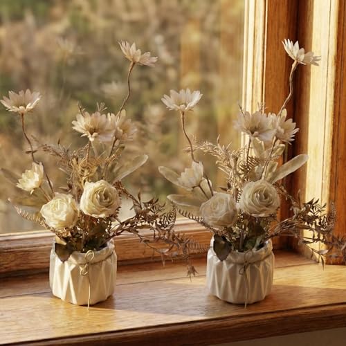 Image of Dekorly Artificial Lavender Plant in White Pot, 18cm - Realistic Faux Flower Arrangement for Home & Office Decor (Set of 1) (2, White Dry ROS)