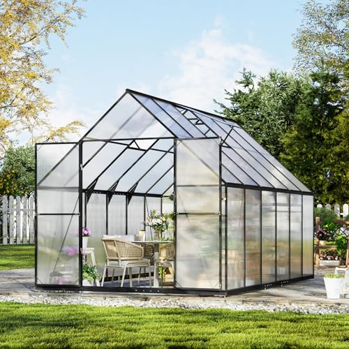 Aoxun 12x8 FT Outdoor Greenhouse,Sturdy Aluminum Frame, Polycarbonate Panels, Roof Vent, Ground Nails, Lockable Door,Quick Setup for Garden and Backyard, Black