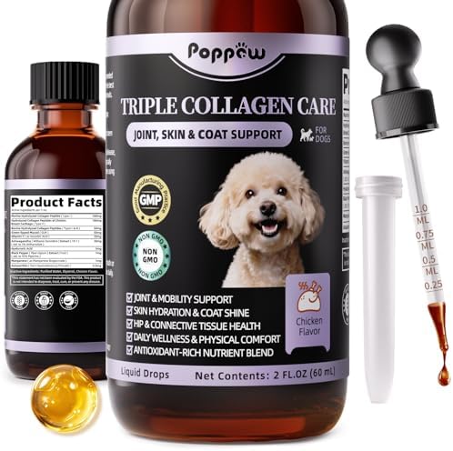 POPPAW Collagen for Dogs - 12-in-1 Liquid Collagen for Skin & Coat Support, Hip & Joint with Types I, II & III Drops, Hyaluronic Acid, Green-Lipped Mussel - Chicken Flavor, 2 FL Oz