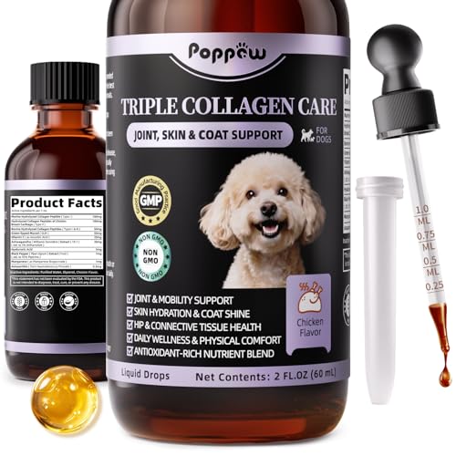 POPPAW Collagen for Dogs - Liquid Collagen for Hip & Joint Support, Skin & Coat with Types I, II & III Drops, Hyaluronic Acid and Vitamin C - Chicken Flavor, 2 FL Oz