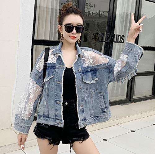 ebossy Women's See Through Floral Embroidery Lace Crop Denim Jacket Ripped Distressed Jean Jacket3