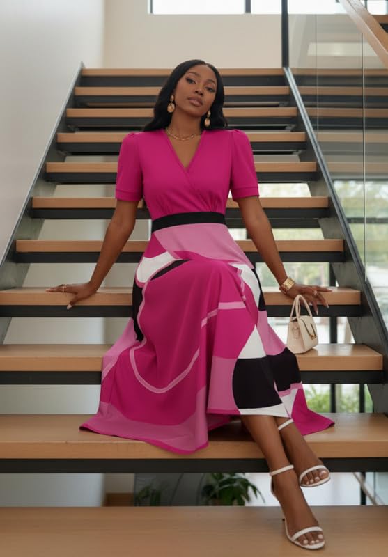Image of MarryUP Women's Midi Dresses - V Neck Cocktail & Church Tea Dresses - Short Sleeve A-Line Swing Dress