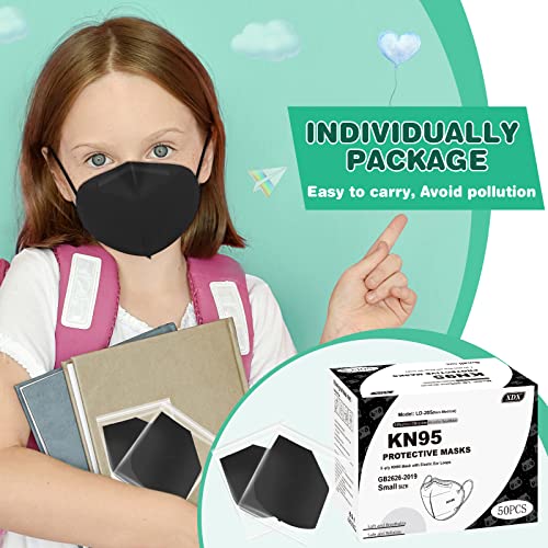 Image of XDX Kids KN95 Masks for Children, 50 Pack Individually Wrapped Black Disposable Face Masks, 5 Layers KN95 Mask for Kids, Breathable & Comfortable, Filter Efficiency ≥95%