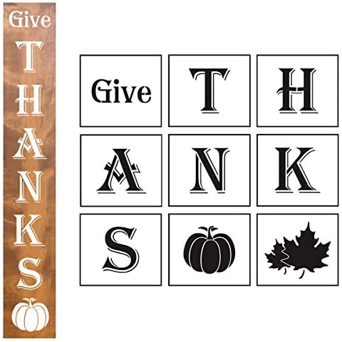 Large Give Thanks Stencils Vertical - 9 Pack Give Thanks Sign Stencil Templates with Pumpkin and Maple Leaf for Painting on Wood, Reusable Letter Stencils for Thanksgiving Front Door Porch Wood Signs Cover