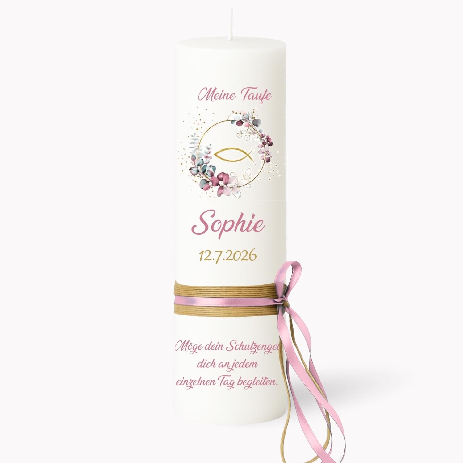 Taufkerze Kommunionkerze Eukalyptus Fisch 25x8cm – Wunschname Personalisierbar – Geschenk zur Taufe für Jungen & Mädchen – Handarbeit mit Schleife – salbei rosa gold