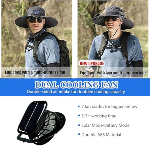 Image of Solar Fan Hat,Wide Brim Solar Fan Outdoor Fishing Hat,Mens Sun Hat with 2 Fan, Waterproof Outdoor Hiking Camping Fishing Hat(Grey)