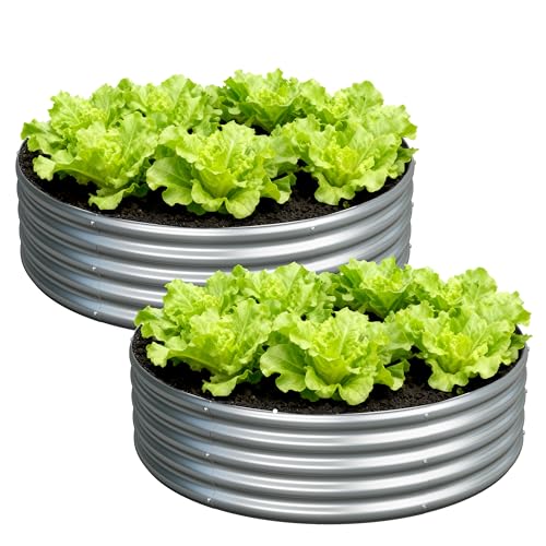 Foxlang 4x4x1ft(2 Pack) Galvanized Round Raised Garden Bed Outdoor Planter Box Metal Patio Kit Planting Bed for Vegetables Flowers Herb Silver