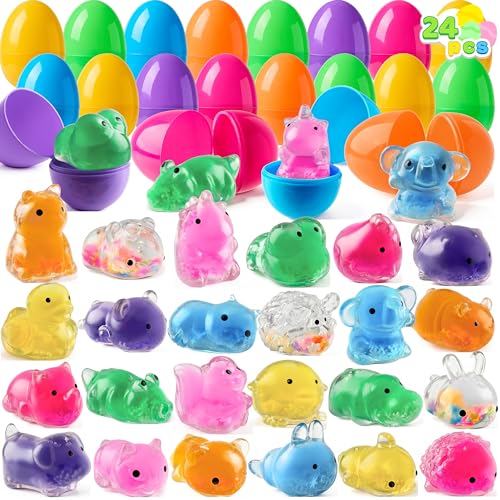 JOYIN Lot de 24 œufs de Pâques pré-remplis avec Mochi - Jouet spongieux en forme d'animal mignon pour la chasse aux œufs de Pâques, les paniers de farce,...